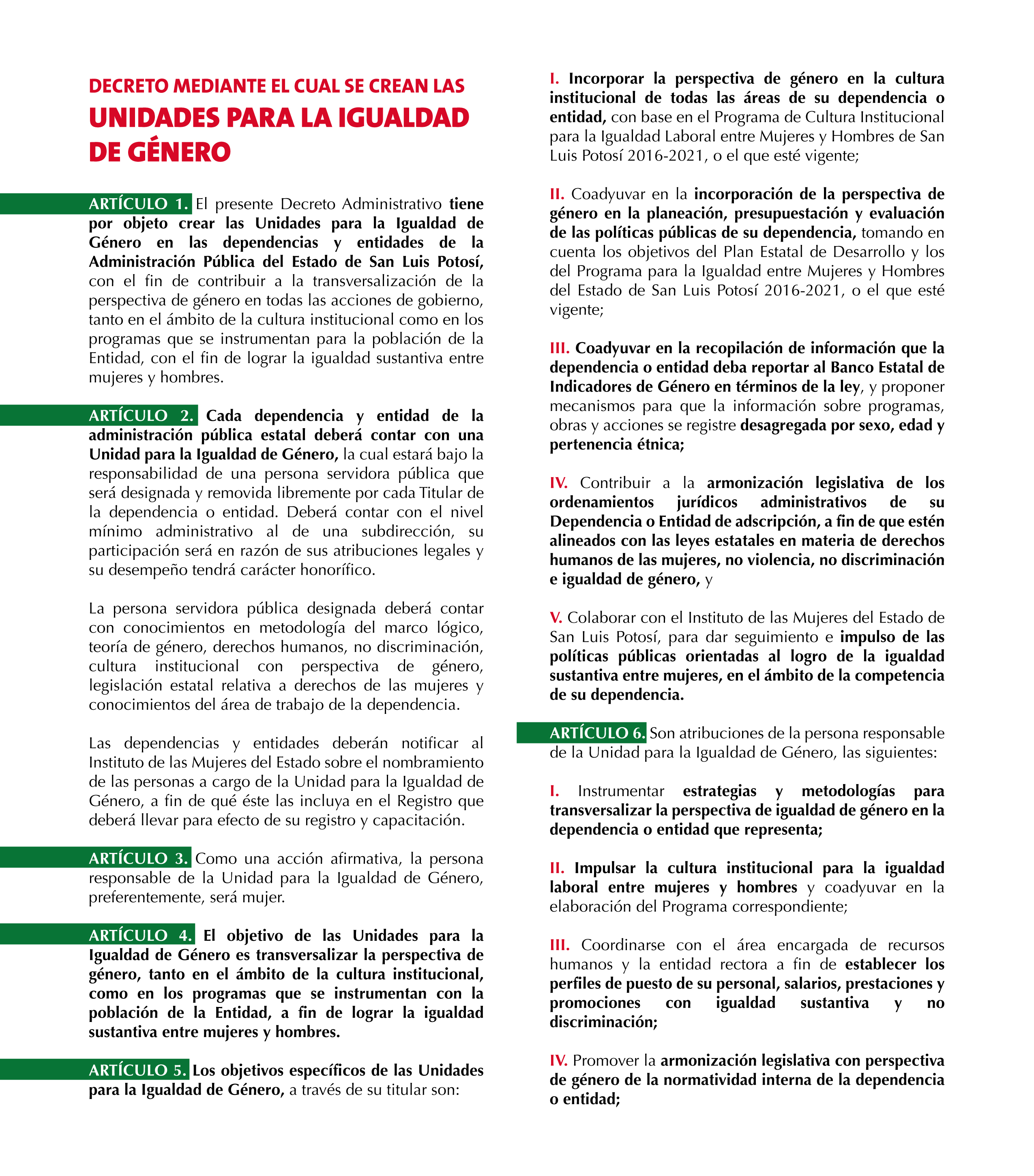 Decreto Mediante El Cual Se Crean Las Unidades Para La Igualdad De Género